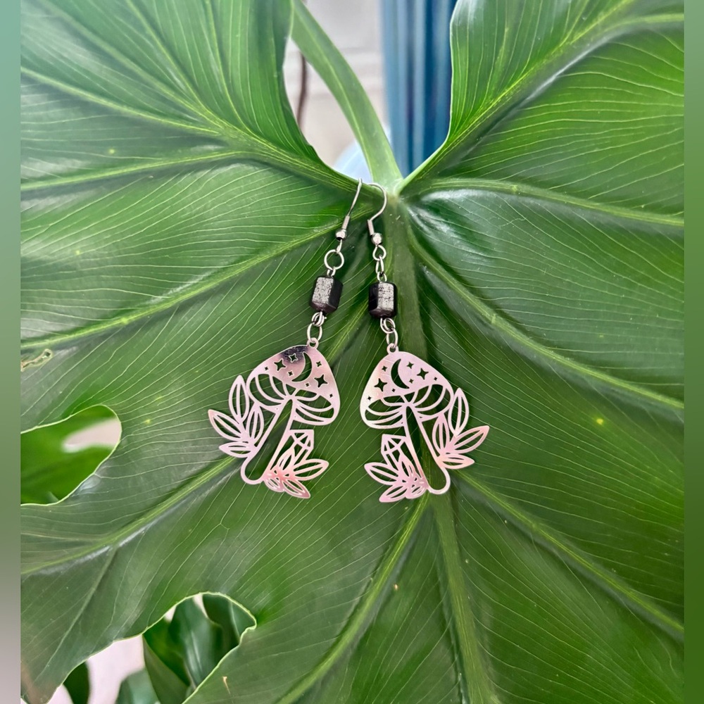 Hematite Mushroom Charm Earrings – Grounding Magic & Forest Energy - Picture 3 of 3